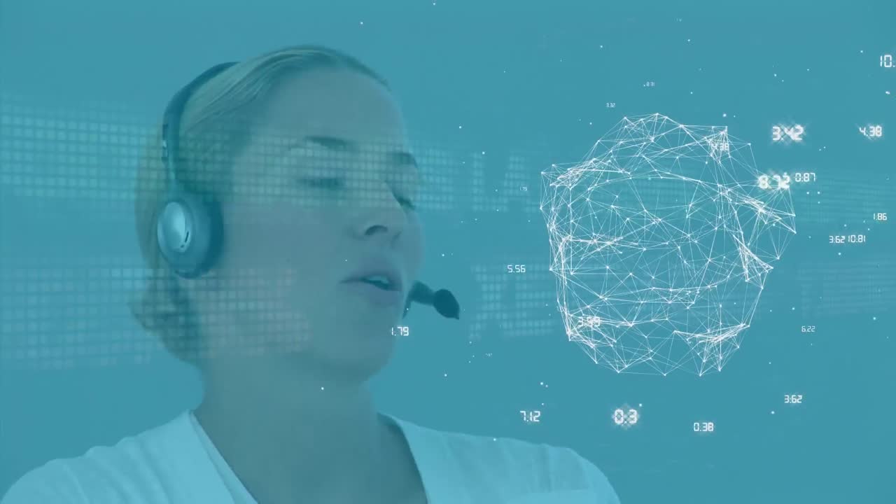 Animazione di una donna caucasica con cuffie che usa un computer, su una rete di connessioni.