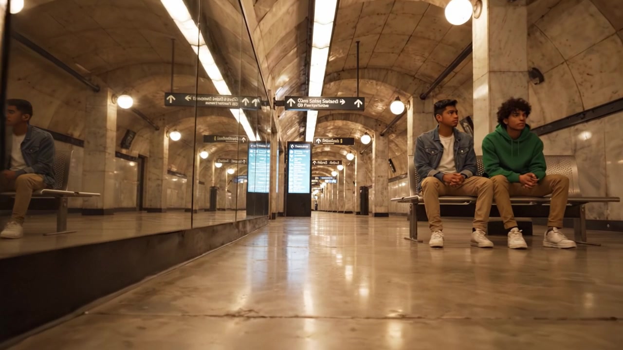 Zwei junge Menschen warten an einer modernen U-Bahn-Station, umgeben von reflektierenden Oberflächen und sanfter Beleuchtung, die eine ruhige Atmosphäre schafft.