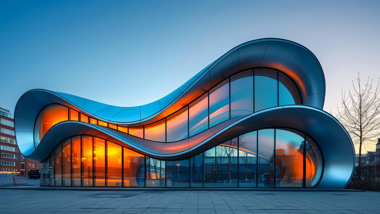 Unique modern architecture at sunset. Modern building with a flowing design is illuminated by sunset light, showcasing its sleek curves and glass features