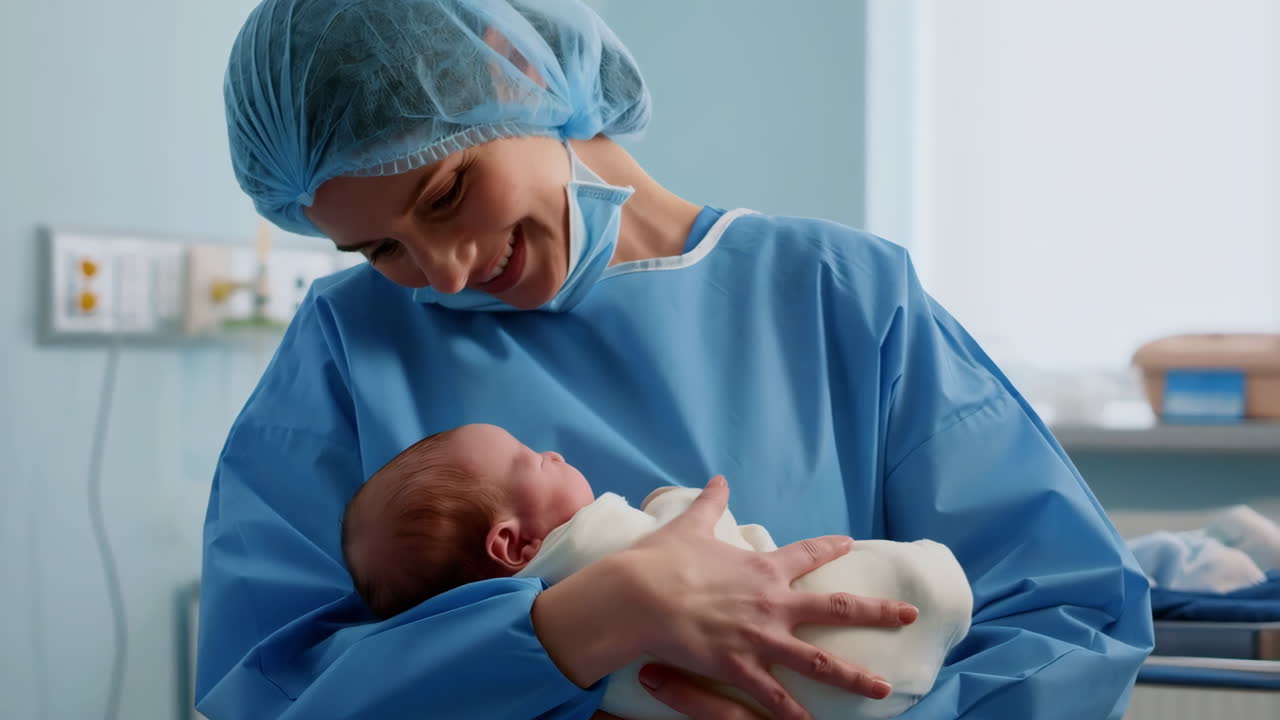Infermiera o medico sorridente che culla un neonato in ospedale.