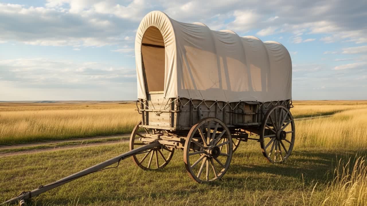 A Classic Covered Wagon Stands Solitary in Golden Grasslands Beneath a Vibrant Sky, Symbolizing Pioneer Spirit and the Era of Westward Expansion
