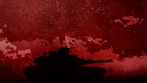 silueta dibujada a mano de un tanque de guerra se mueve en el campo de batalla áspero, disminuye la velocidad y se detiene en el centro de la pantalla por un tiempo frente al cielo rojo, amanecer con las nubes en movimiento animación de dibujo a mano video en bucle 4k