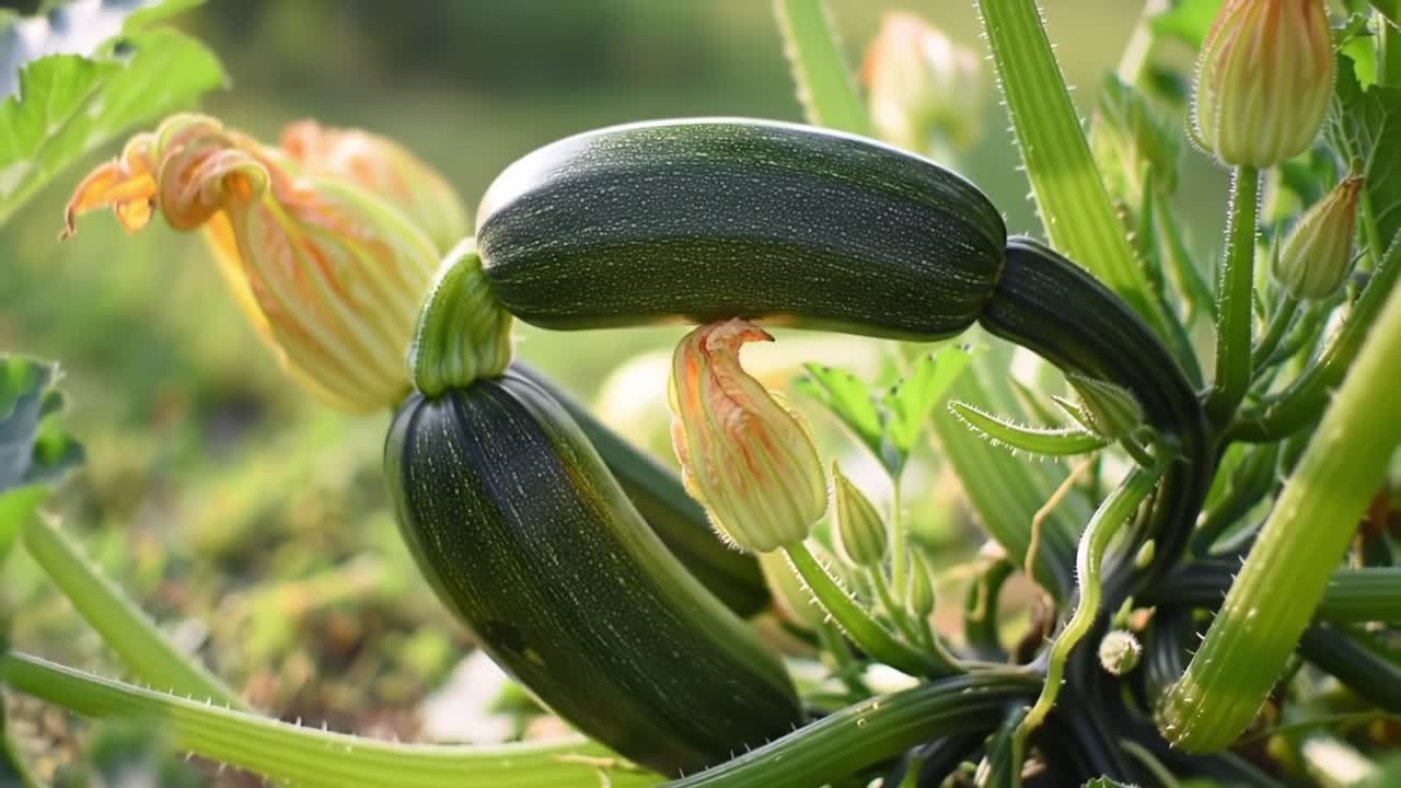 Growing Zucchinis and Blossoms in a Vibrant Garden Setting Under Sunlight