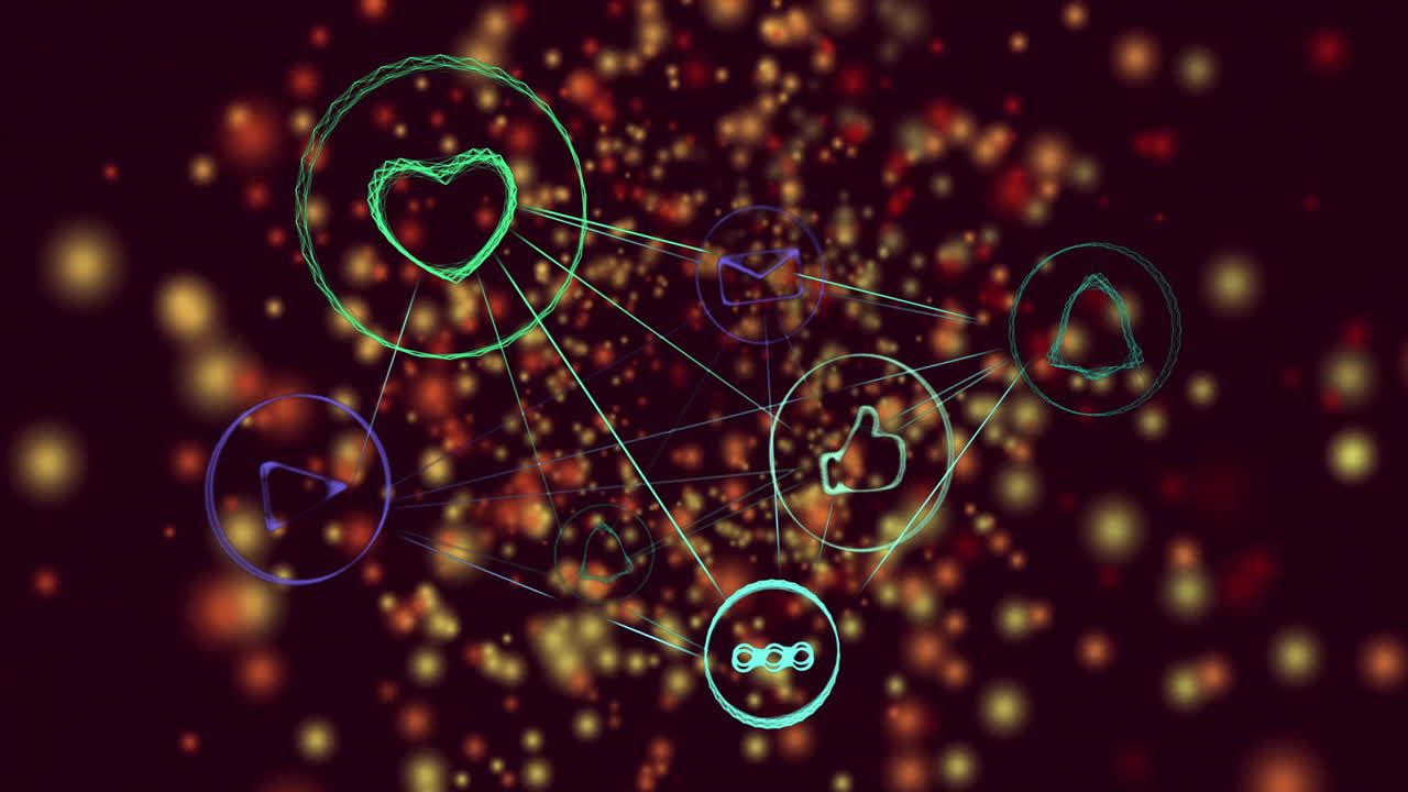 Animation of social media icons network with glowing abstract background