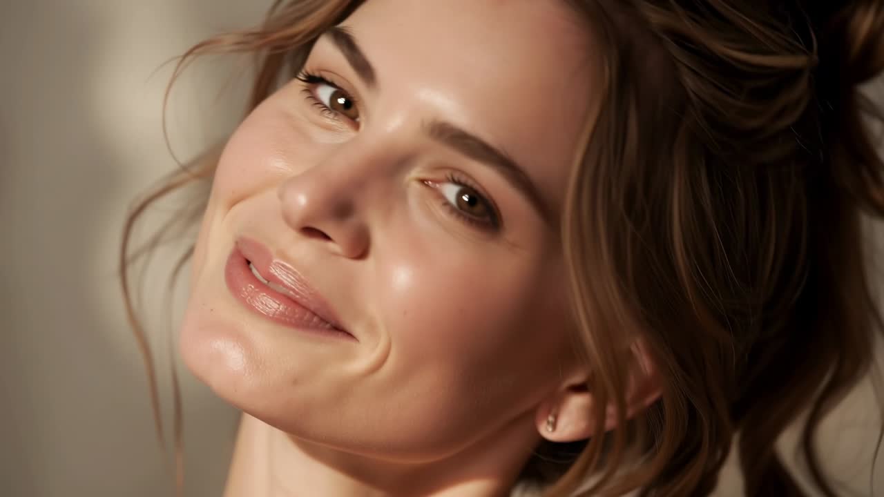 Video verticale: donna sorridente che posa in studio su indicazione, inclinando la testa, sollevando il mento e indossando un orecchino a perno.