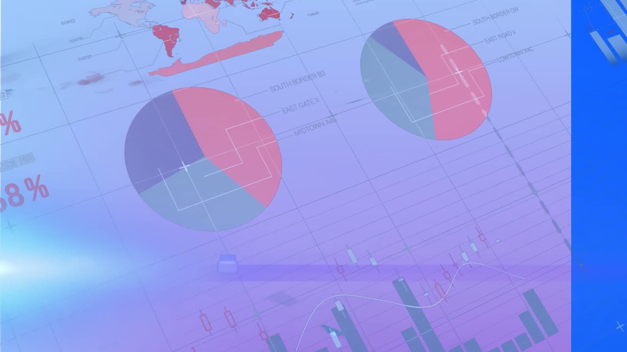 파란색 배경에서 빛의 흔적과 데이터 처리의 애니메이션