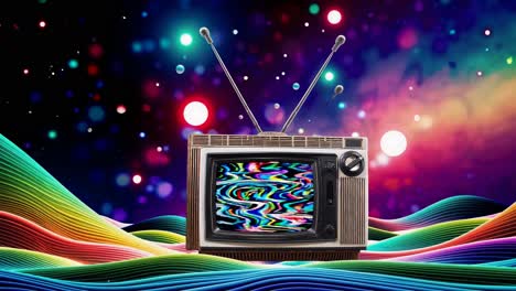 vintage tv with psychedelic static and rainbow background