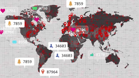 infographic showing world map with red pins and floating social media bubbles displaying metrics