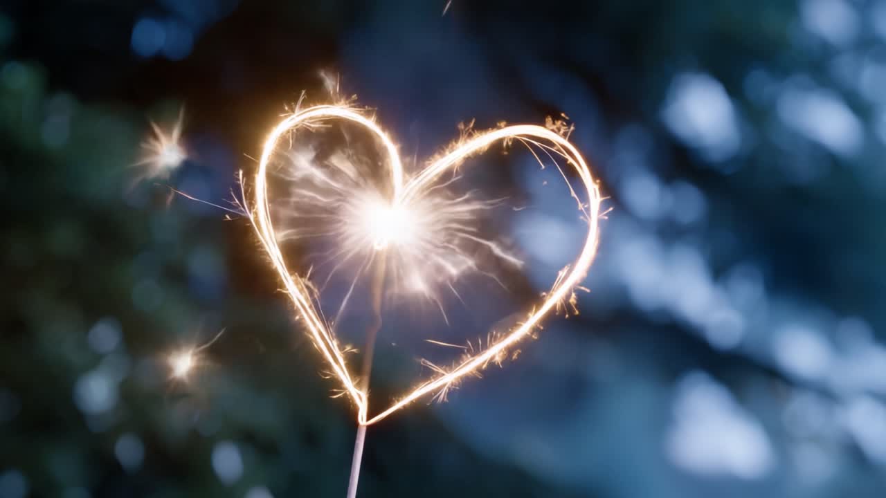 Een glinsterende hartvormige sterretjesfontein verlicht tegen een achtergrond met zachte focus, waarbij de essentie van liefde en feest in een magische buitenomgeving wordt vastgelegd