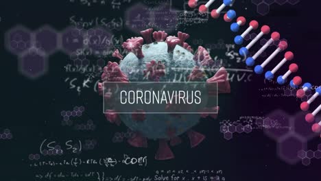 Animación-De-Una-Célula-Macro-Coronavirus-Covid-19-Flotando-Sobre-Un-Adn,-Fórmulas-Y-Palabra-Coronavirus