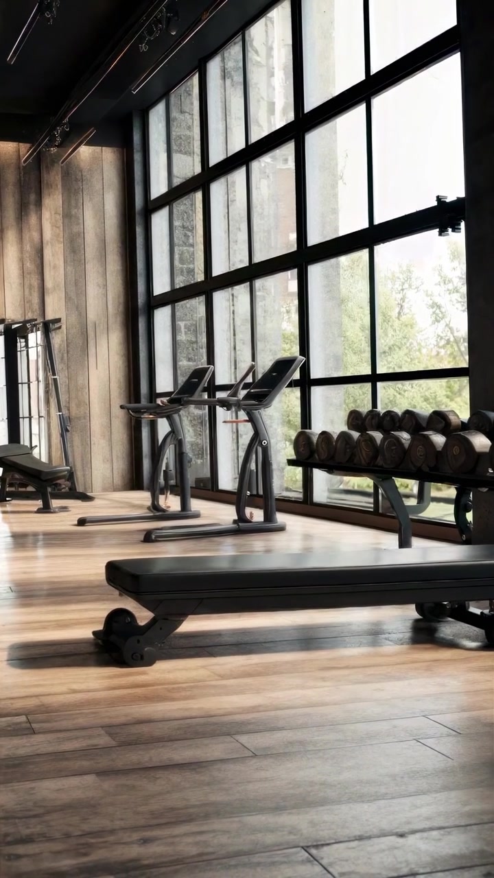 Spacious Modern Gym with Treadmills, Dumbbells, and Large Windows