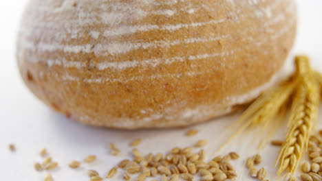 bread loaf with wheat grain on white background