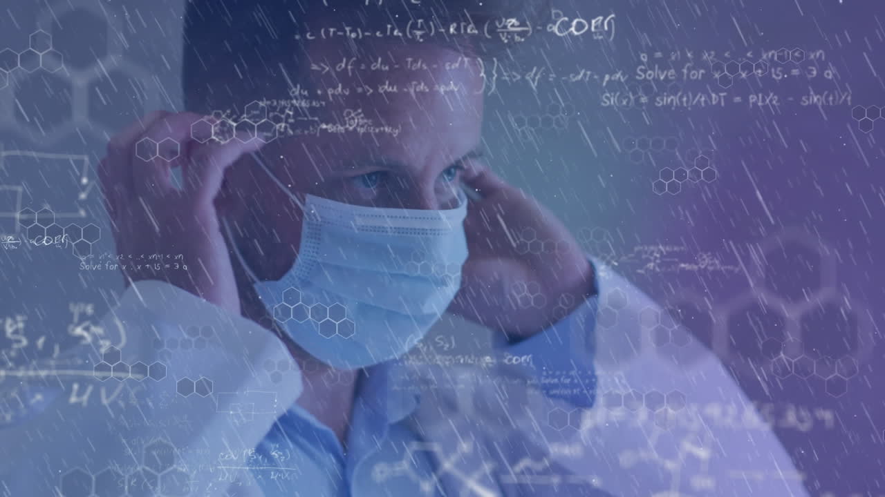 animación de ecuaciones matemáticas y lluvia cayendo sobre el médico caucásico