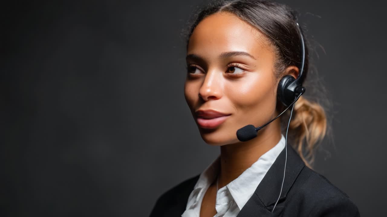 Professional female call center agent smiling confidently while wearing a headset, demonstrating exceptional customer service skills in a corporate environment