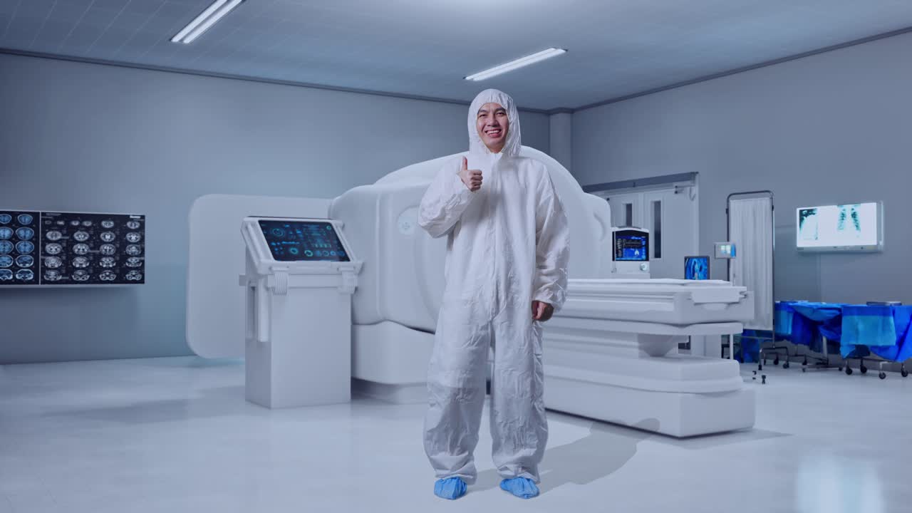 Full Body Of Asian Male Scientist Showing Thumbs Up Gesture And Smiling With MRI Machine In The Hospital