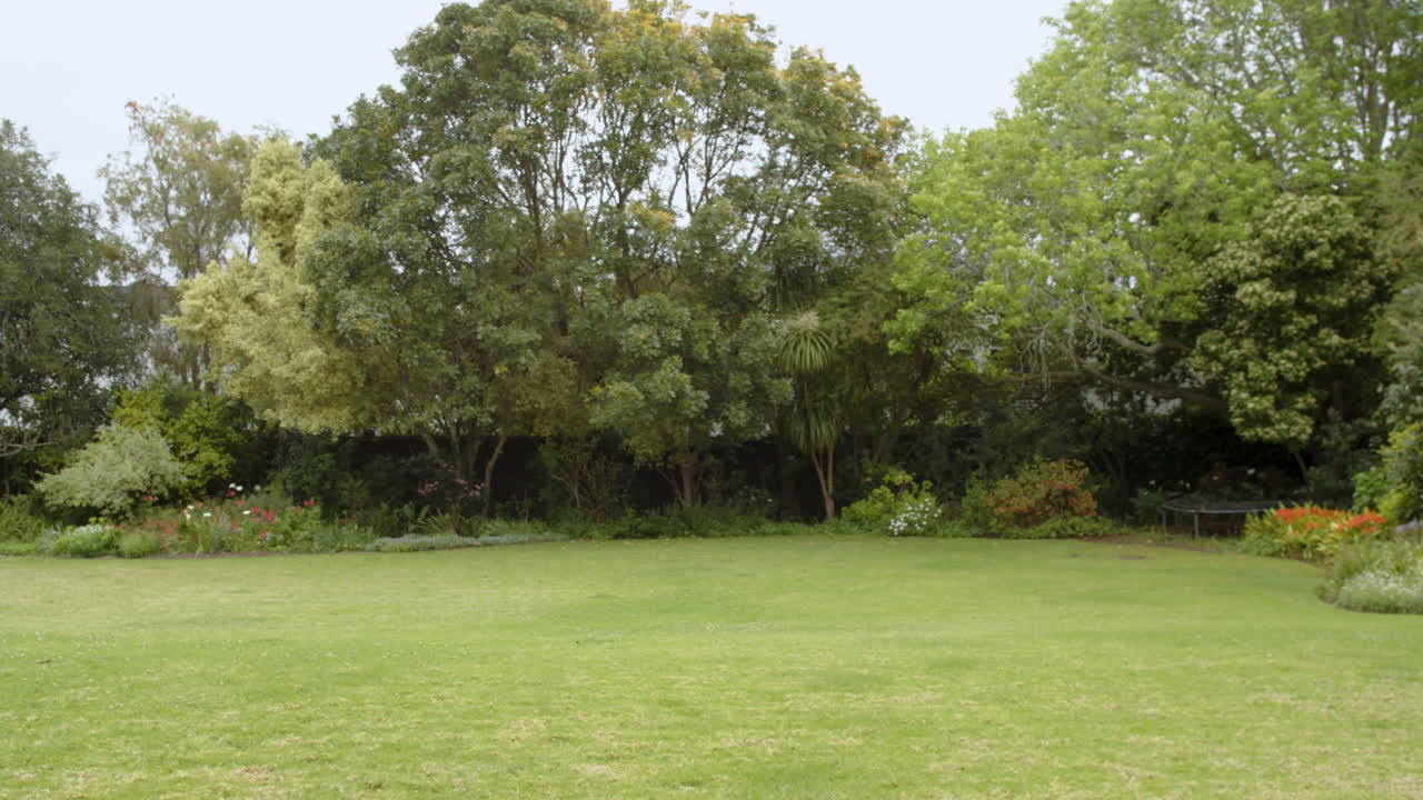 Lush green garden with vibrant trees and colorful flower beds in spring, copy space