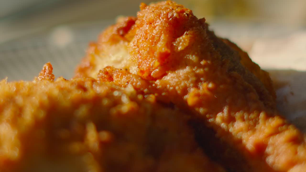 Fried Chicken Resting on Plate Under Bright Sunlight with Close Up Details as Camera Moves. Ideal for Family Sharing Lunch or Dinner. Unhealthy Fat Fast Food Cooked in Deep Friars.