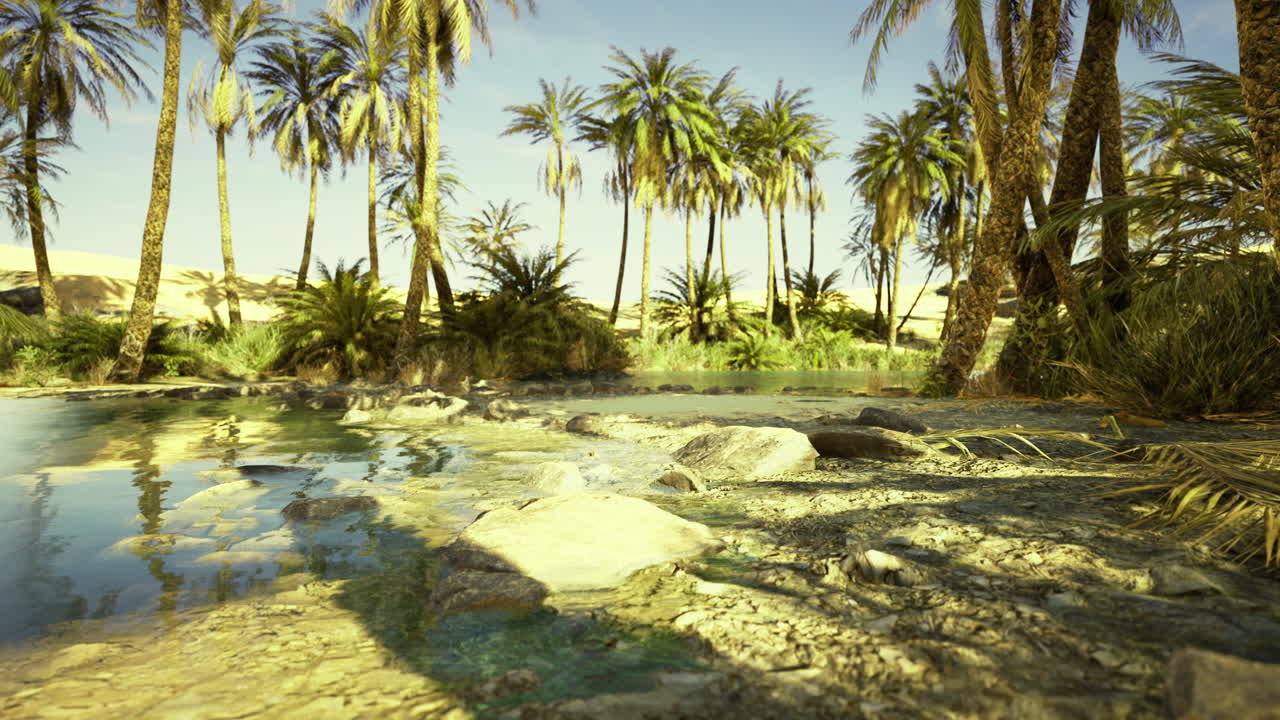 Oasis amid palm trees in a peaceful desert landscape