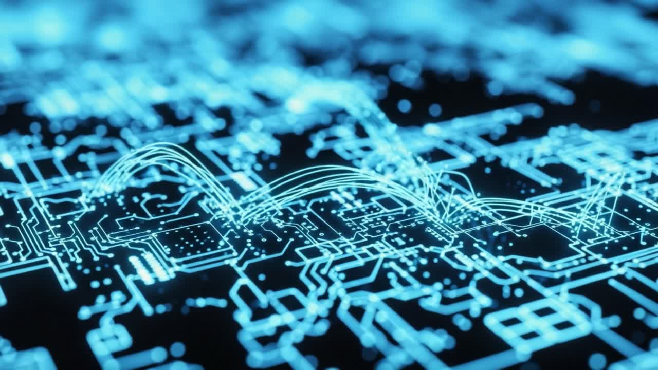 A Close-Up Exploration of a Futuristic Digital Circuit Board Emitting Bright Blue Light, Showcasing Complex Connections and Data Transmission Paths in a Tech-Driven Environment