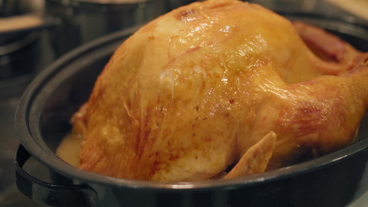 primer plano de un delicioso pavo de acción de gracias cocido después de sacarlo del horno en cámara lenta 4k