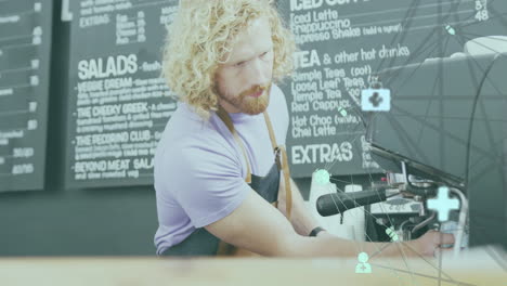 Animation-of-network-of-connections-with-icons-over-caucasian-male-barista-making-coffee-in-cafe