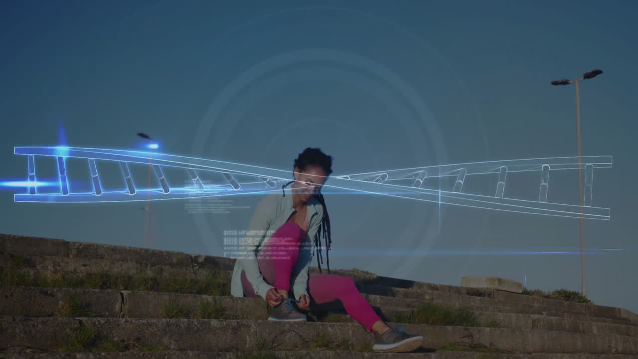Woman adjusting sneaker laces and activating digital blocks forming DNA helix for genetic viewing