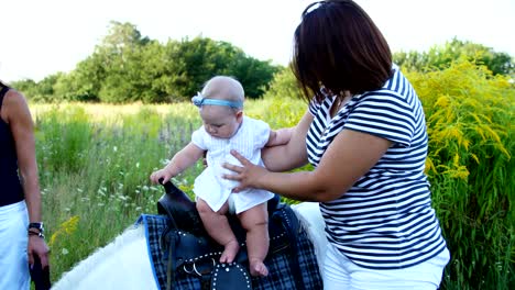 a woman with a baby walks around the field, a baby sits on a pony, mom holds the baby. cheerful, happy family vacation. outdoors, in the summer, near the forest