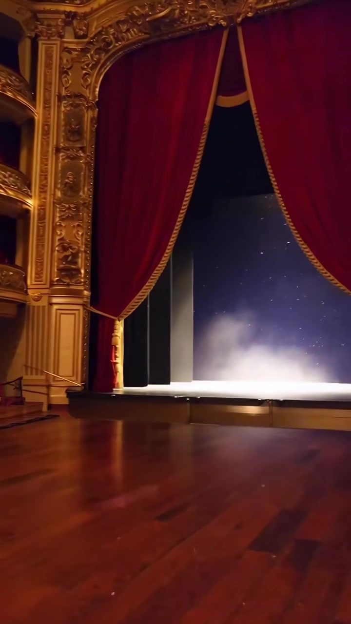 Palcoscenico Teatrale Vuoto con Sipario Rosso e Atmosfera Nebbiosa