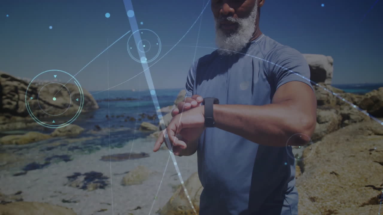 mature man checking smartwatch on rocky beach, with animated fitness graphs and floating data icons