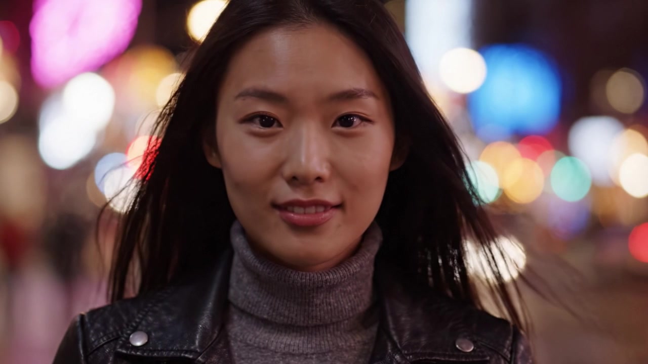 Una giovane donna con capelli fluenti, che esprime emozioni contro uno sfondo urbano vibrante, illuminato da luci colorate ed effetti sfocati, trasmettendo un senso di bellezza urbana e serenità.