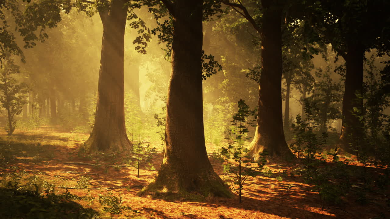 안개 숲에서 황금빛의 빛