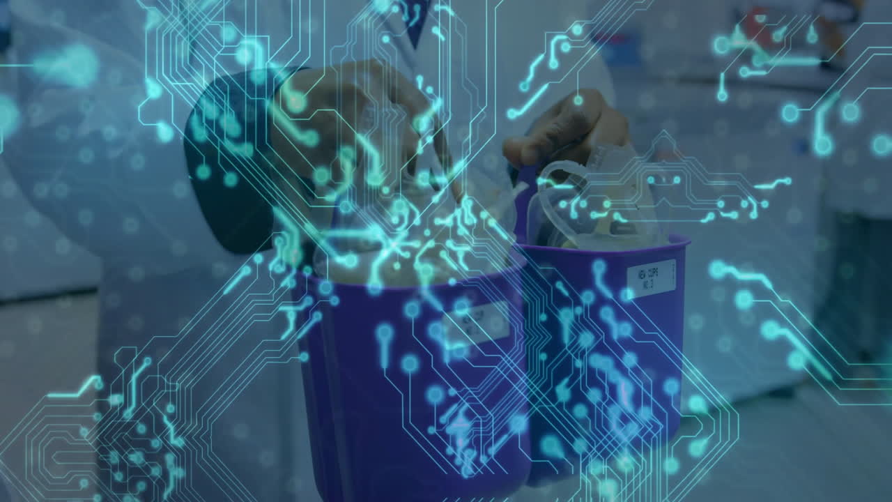 Animation overlaying digital circuit pattern on people using technology in school