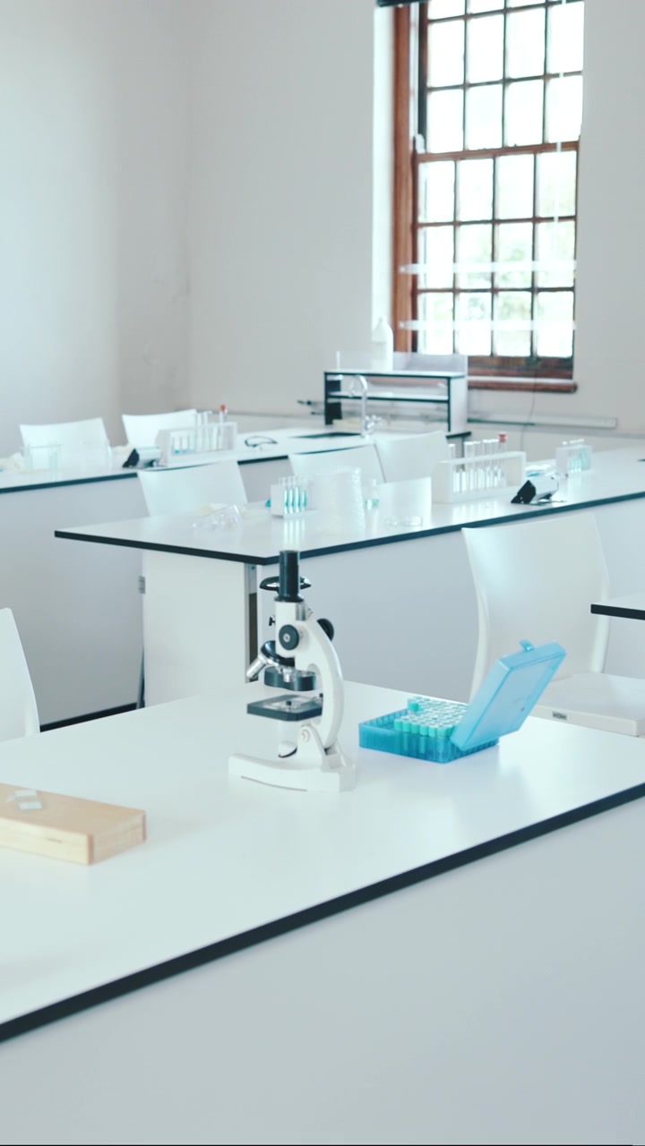 Empty Science Laboratory Classroom with Microscopes and Test Tubes