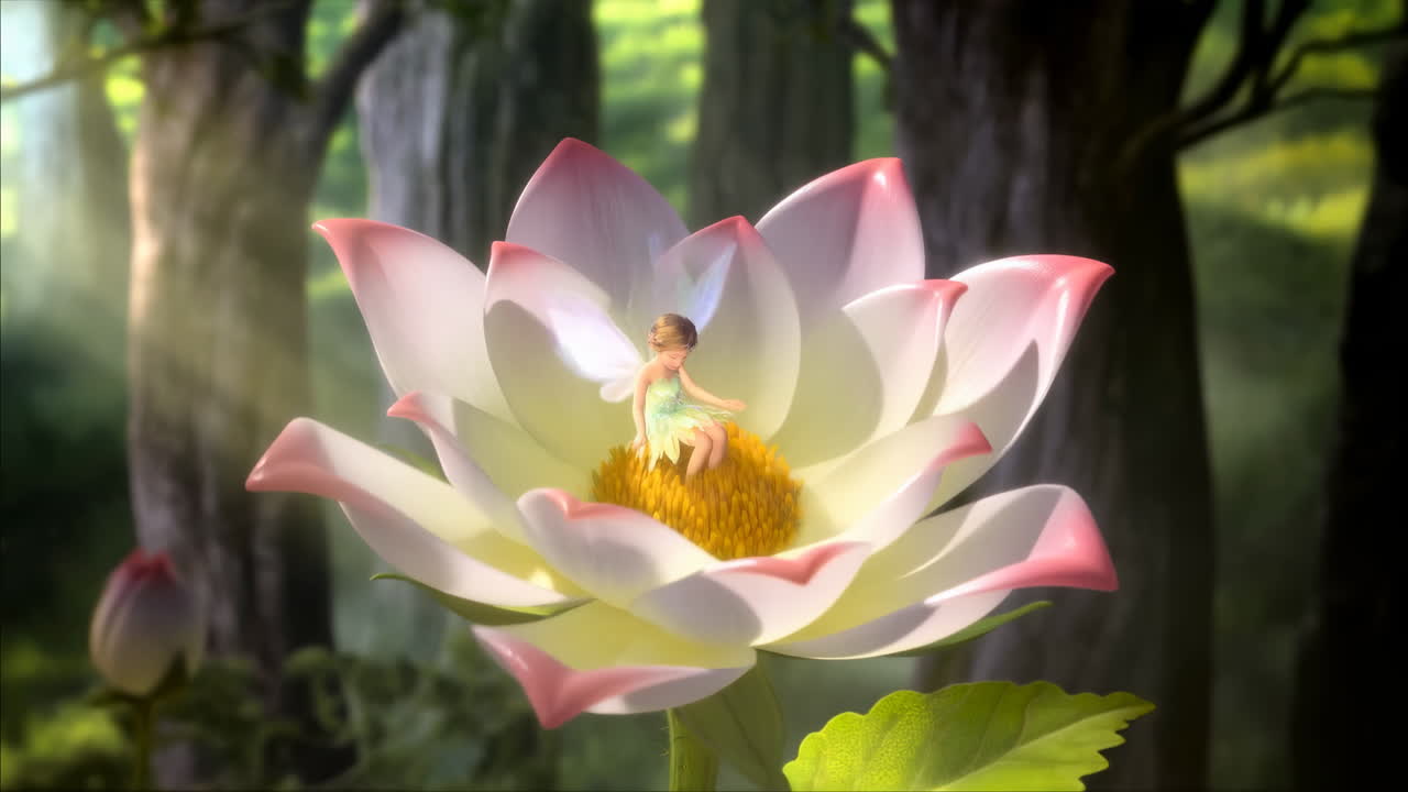 Fada Fantástica Emerge de uma Flor de Lótus em Flor em uma Floresta Mágica