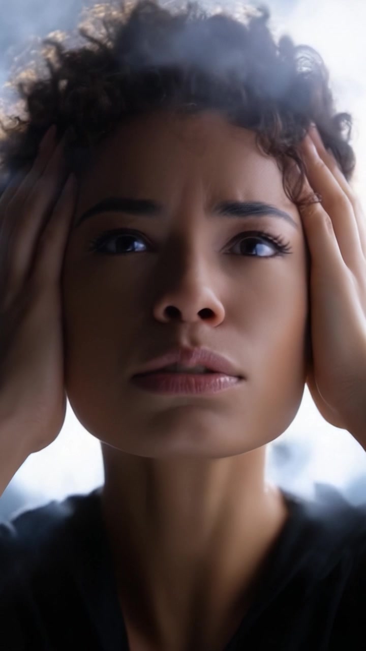 Emotional Portrait: A Woman Expressing Intense Feelings of Distress and Contemplation Through Raw Emotion and Striking Facial Expressions in a Dramatic Atmosphere