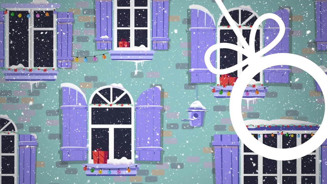 크리스마스 장식품과 선물이 있는 눈 위에 흔들리는 색 바블과 집의 애니메이션.