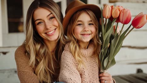 happy mother and daughter with tulips