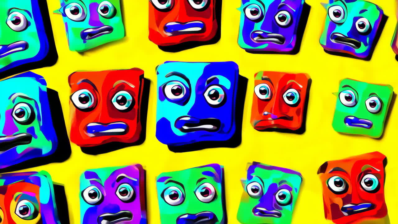 Colorful Abstract Cartoon Faces Pattern on Yellow Background