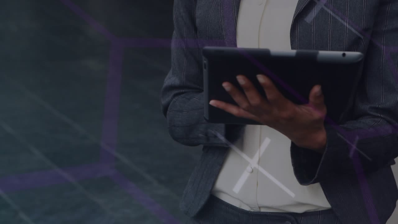 Professional woman tapping tablet and initiating holographic data, corporate tech showing analytics