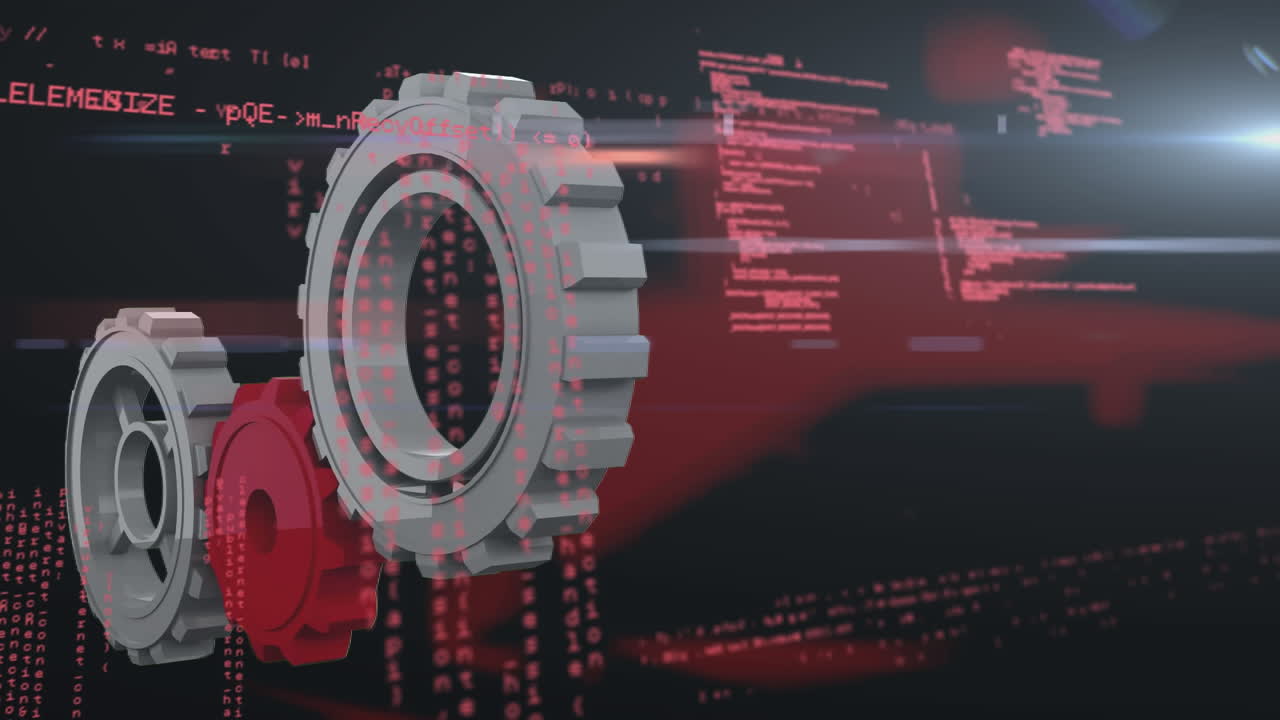 animación de los engranajes girando y procesamiento de datos en pantalla digital