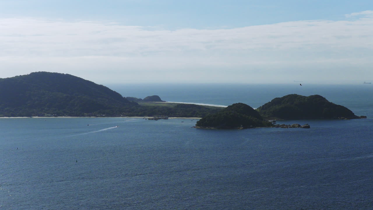 Amazing panorama aerial view of Ilha do Mel island with multiple forested islands, Paraná, Brazil