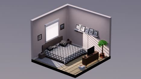 3d isometric bedroom, with bed, nightstands, and tv, rotating left and right, seamless loop 3d animation, interior design 3d scene