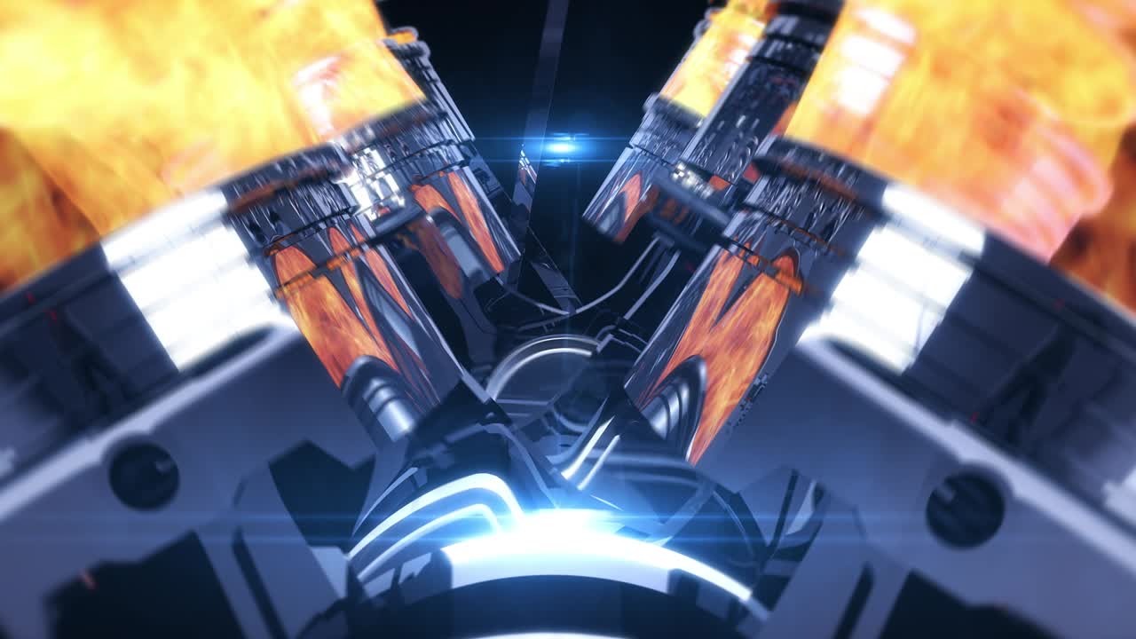 렌즈 효과와 함께 클로즈업 v8 엔진 애니메이션