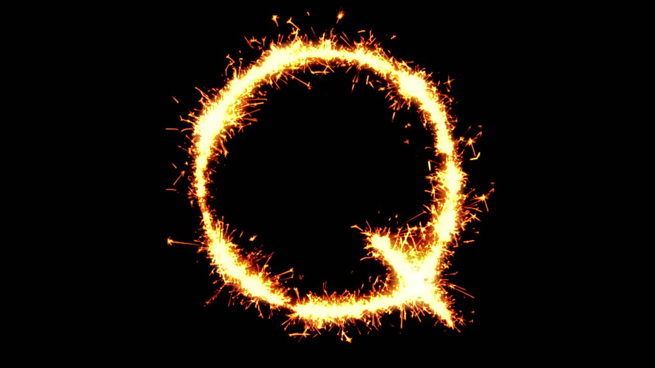 Alphabet q text sparkler writing with glitter sparks particles firework on black 4k loop background