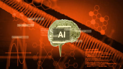 ai text and brain animation over dna strand and hexagonal patterns