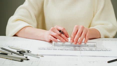 hands drawing architectural blueprints with drafting tools