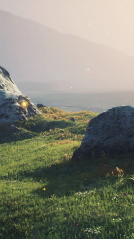 scenic mountain landscape with grass field