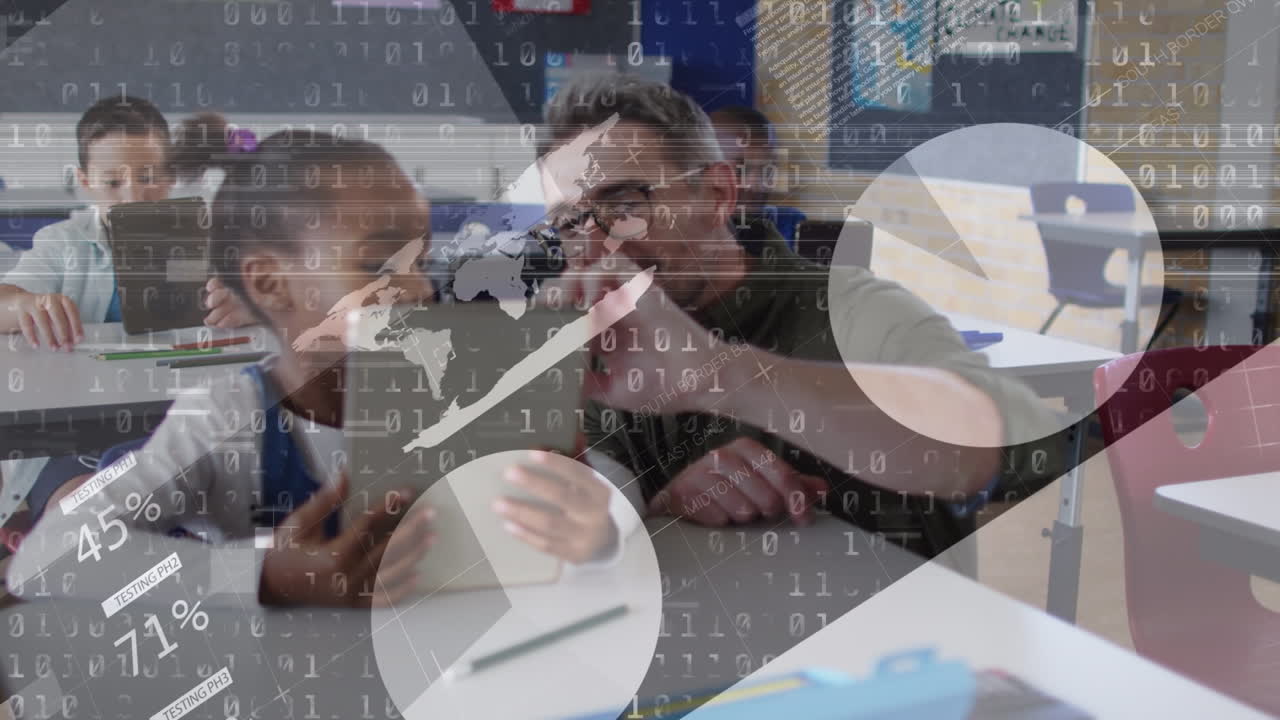 Animation of digital data processing over diverse group of students and male teacher