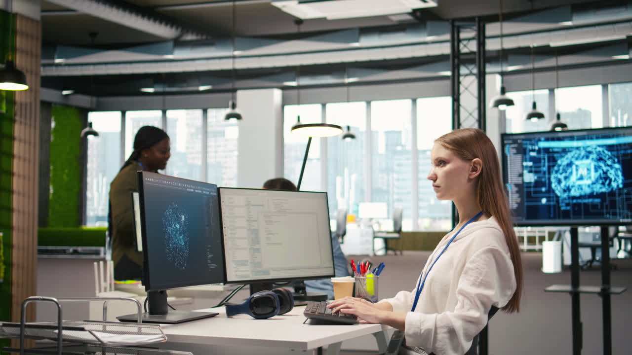 Female Engineer Using Ai Llm Chatbot, Optimizing Company Systems