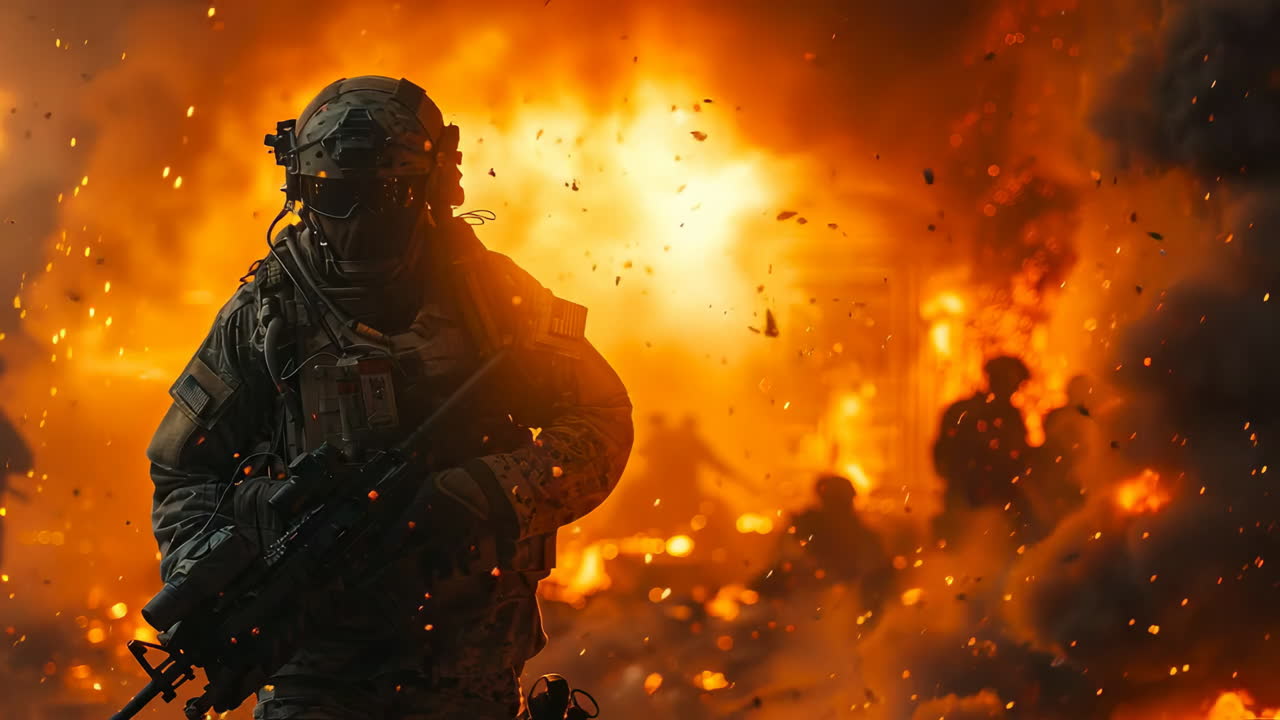 Soldier in front of fire during conflict. A soldier stands amidst flames, observing the chaos of the battlefield at dusk